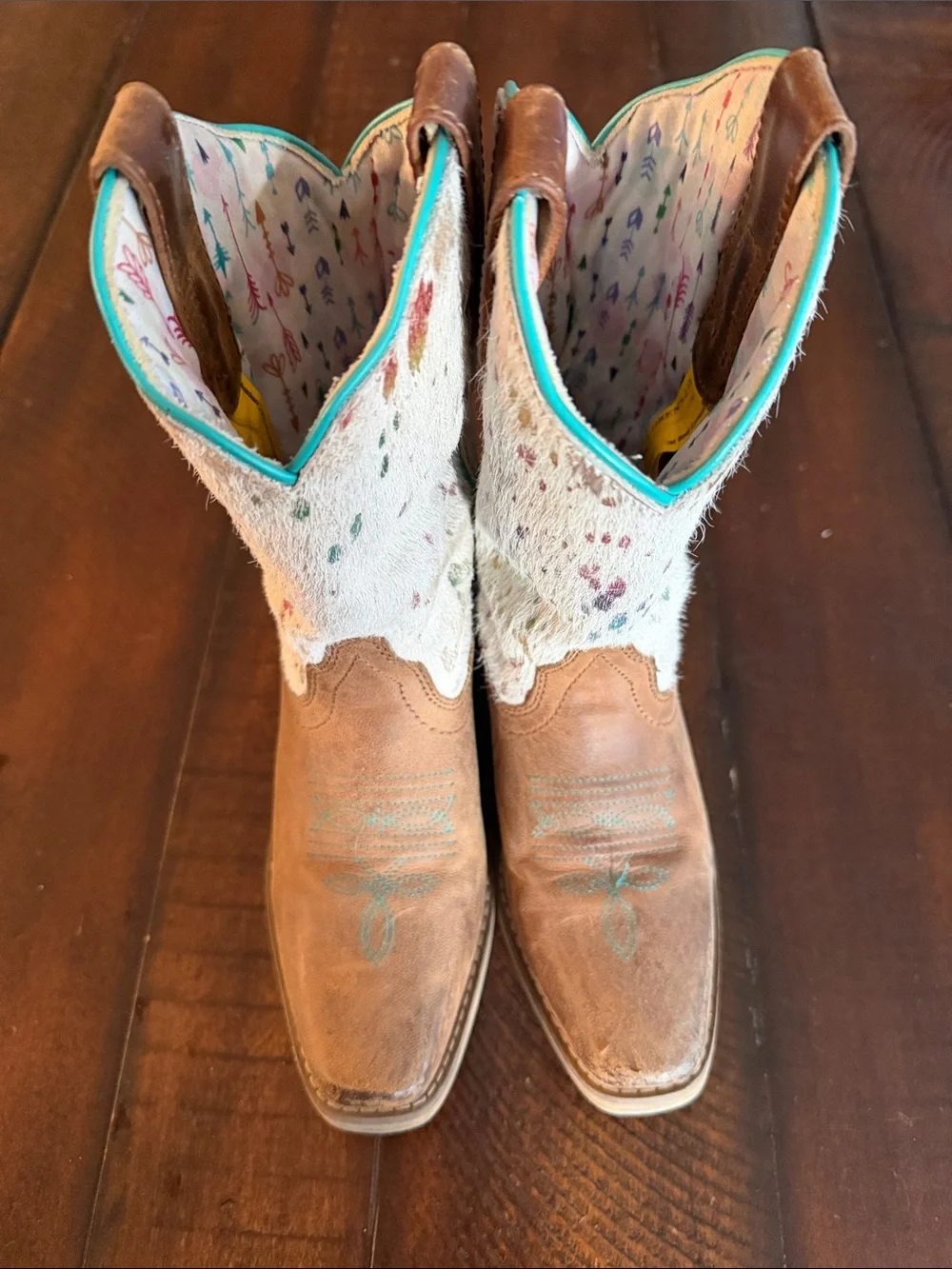 Dan Post Kids Brown Leather & Cream Cowhide Boots with Turquoise Trim